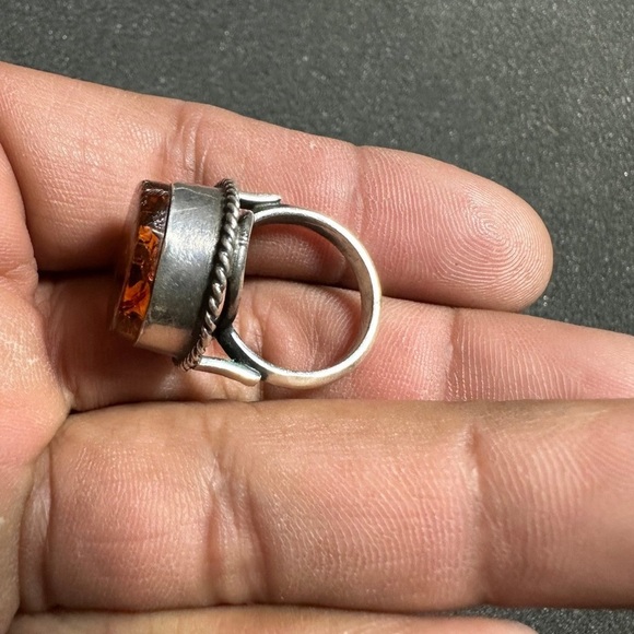 Vintage Large Sterling Silver 915 Amber Statement Ring Size 6 - Picture 7 of 10